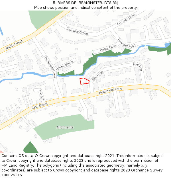5, RIVERSIDE, BEAMINSTER, DT8 3NJ: Location map and indicative extent of plot