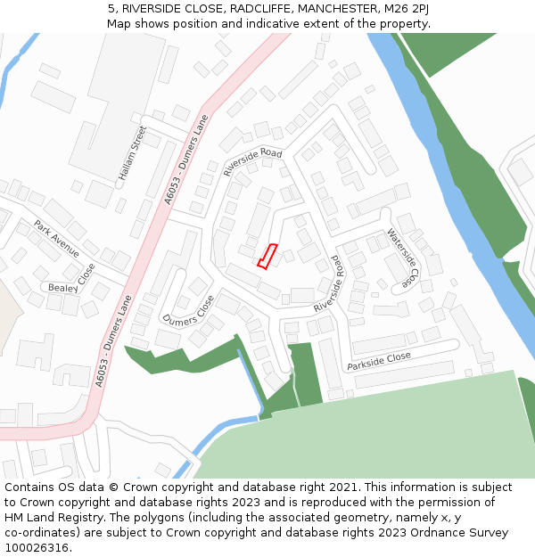 5, RIVERSIDE CLOSE, RADCLIFFE, MANCHESTER, M26 2PJ: Location map and indicative extent of plot