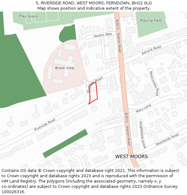 5, RIVERSIDE ROAD, WEST MOORS, FERNDOWN, BH22 0LG: Location map and indicative extent of plot