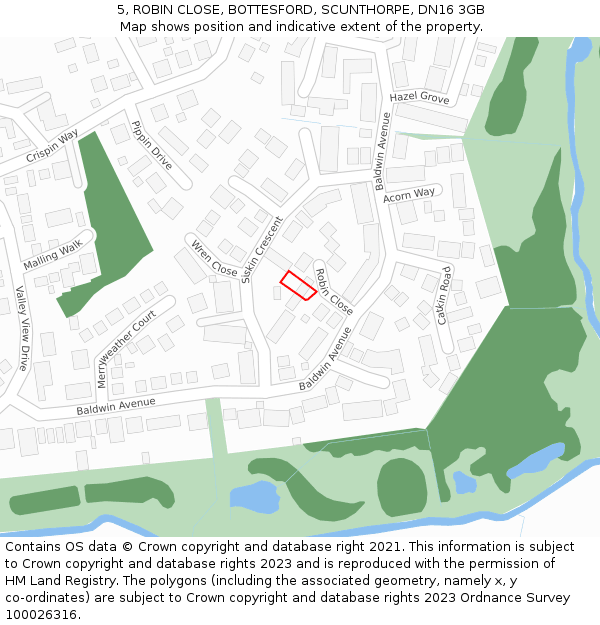 5, ROBIN CLOSE, BOTTESFORD, SCUNTHORPE, DN16 3GB: Location map and indicative extent of plot