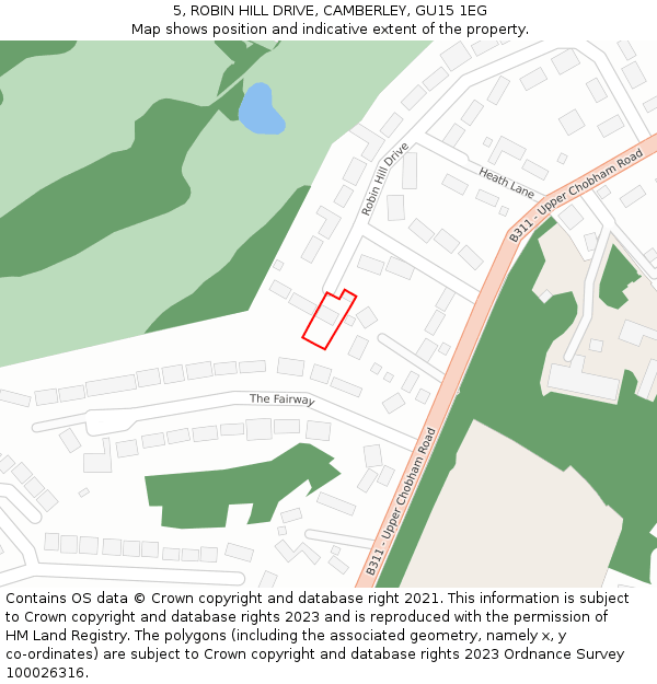 5, ROBIN HILL DRIVE, CAMBERLEY, GU15 1EG: Location map and indicative extent of plot