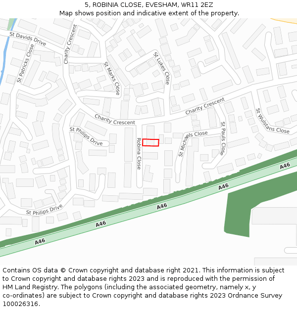 5, ROBINIA CLOSE, EVESHAM, WR11 2EZ: Location map and indicative extent of plot