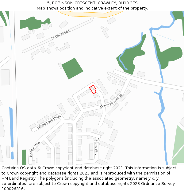 5, ROBINSON CRESCENT, CRAWLEY, RH10 3ES: Location map and indicative extent of plot