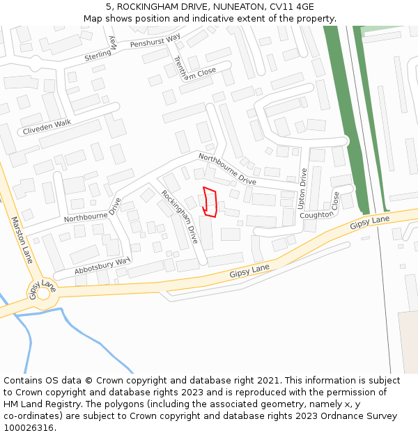 5, ROCKINGHAM DRIVE, NUNEATON, CV11 4GE: Location map and indicative extent of plot