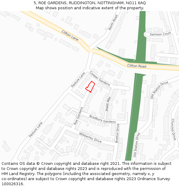 5, ROE GARDENS, RUDDINGTON, NOTTINGHAM, NG11 6AQ: Location map and indicative extent of plot