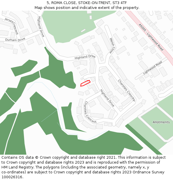 5, ROMA CLOSE, STOKE-ON-TRENT, ST3 4TF: Location map and indicative extent of plot