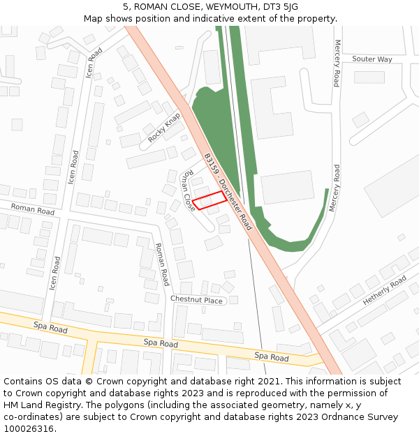 5, ROMAN CLOSE, WEYMOUTH, DT3 5JG: Location map and indicative extent of plot