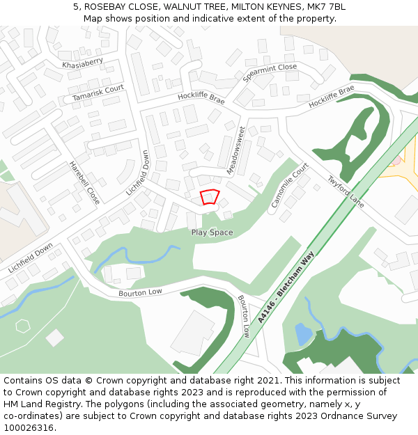 5, ROSEBAY CLOSE, WALNUT TREE, MILTON KEYNES, MK7 7BL: Location map and indicative extent of plot