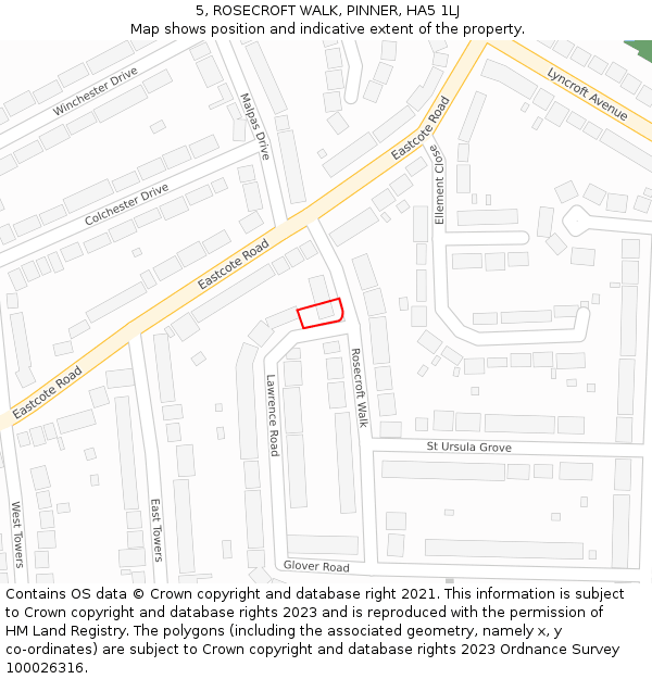 5, ROSECROFT WALK, PINNER, HA5 1LJ: Location map and indicative extent of plot