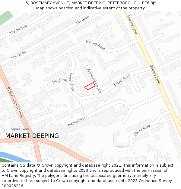 5, ROSEMARY AVENUE, MARKET DEEPING, PETERBOROUGH, PE6 8JY: Location map and indicative extent of plot