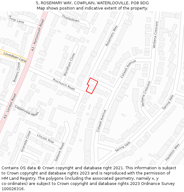 5, ROSEMARY WAY, COWPLAIN, WATERLOOVILLE, PO8 9DG: Location map and indicative extent of plot