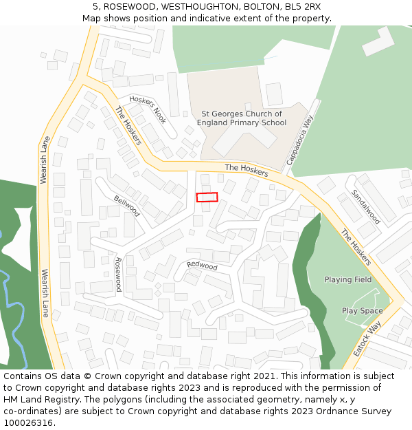 5, ROSEWOOD, WESTHOUGHTON, BOLTON, BL5 2RX: Location map and indicative extent of plot