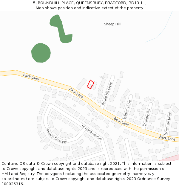5, ROUNDHILL PLACE, QUEENSBURY, BRADFORD, BD13 1HJ: Location map and indicative extent of plot