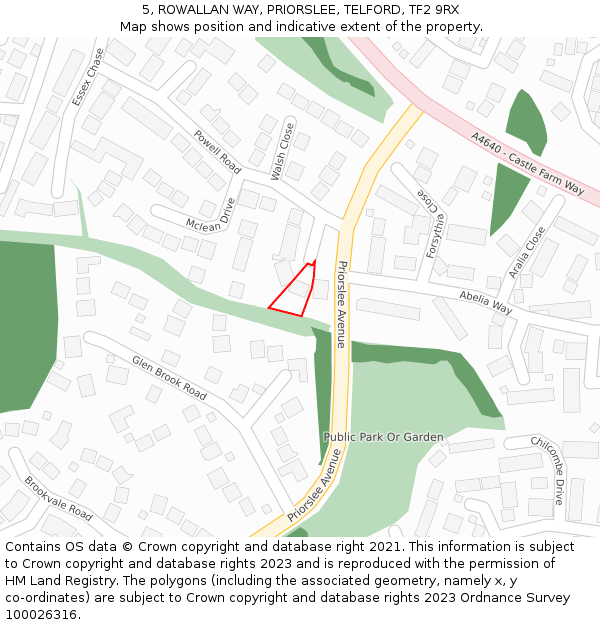 5, ROWALLAN WAY, PRIORSLEE, TELFORD, TF2 9RX: Location map and indicative extent of plot