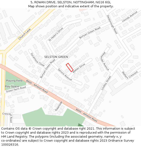 5, ROWAN DRIVE, SELSTON, NOTTINGHAM, NG16 6GL: Location map and indicative extent of plot