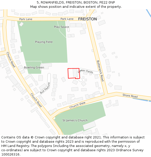 5, ROWANFIELDS, FREISTON, BOSTON, PE22 0NP: Location map and indicative extent of plot