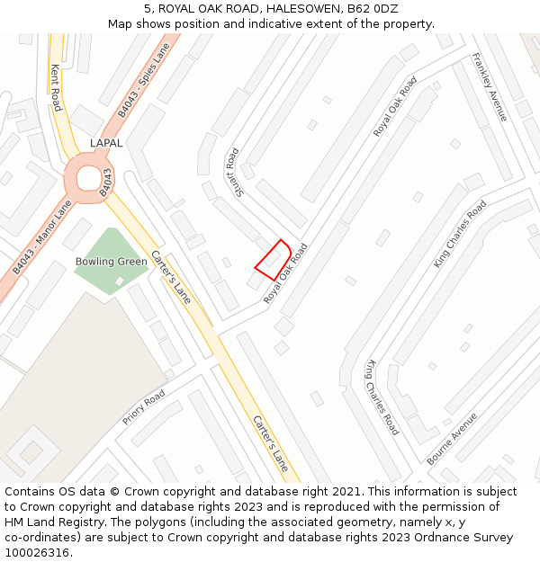 5, ROYAL OAK ROAD, HALESOWEN, B62 0DZ: Location map and indicative extent of plot