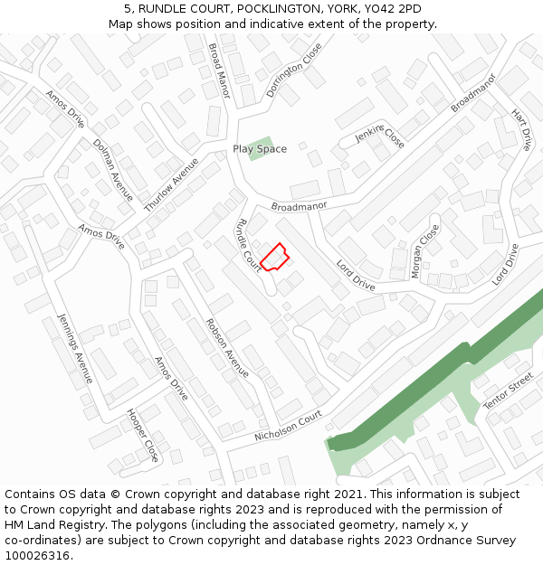 5, RUNDLE COURT, POCKLINGTON, YORK, YO42 2PD: Location map and indicative extent of plot