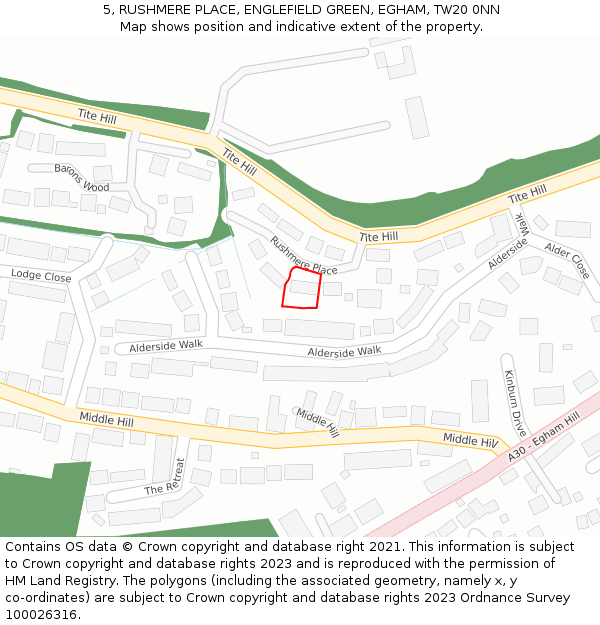 5, RUSHMERE PLACE, ENGLEFIELD GREEN, EGHAM, TW20 0NN: Location map and indicative extent of plot