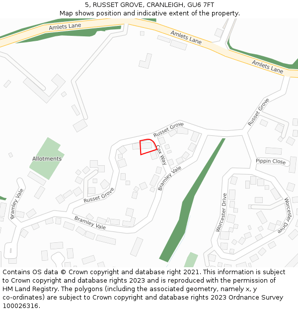 5, RUSSET GROVE, CRANLEIGH, GU6 7FT: Location map and indicative extent of plot