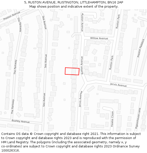 5, RUSTON AVENUE, RUSTINGTON, LITTLEHAMPTON, BN16 2AP: Location map and indicative extent of plot