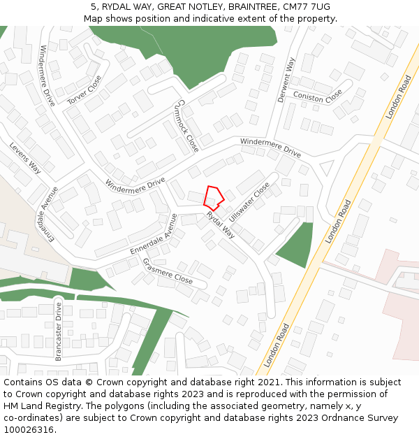 5, RYDAL WAY, GREAT NOTLEY, BRAINTREE, CM77 7UG: Location map and indicative extent of plot