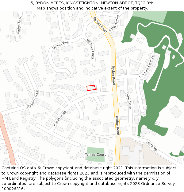 5, RYDON ACRES, KINGSTEIGNTON, NEWTON ABBOT, TQ12 3YN: Location map and indicative extent of plot