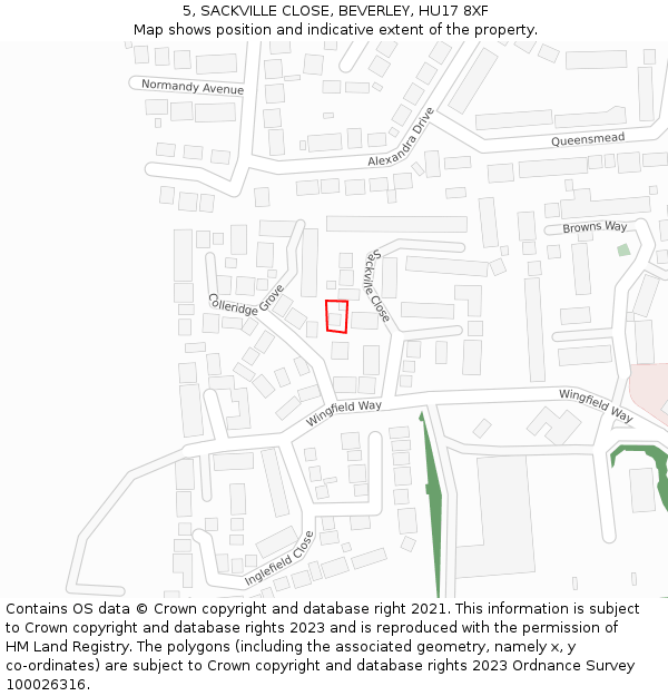 5, SACKVILLE CLOSE, BEVERLEY, HU17 8XF: Location map and indicative extent of plot