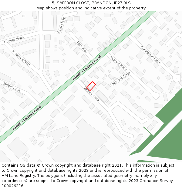 5, SAFFRON CLOSE, BRANDON, IP27 0LS: Location map and indicative extent of plot