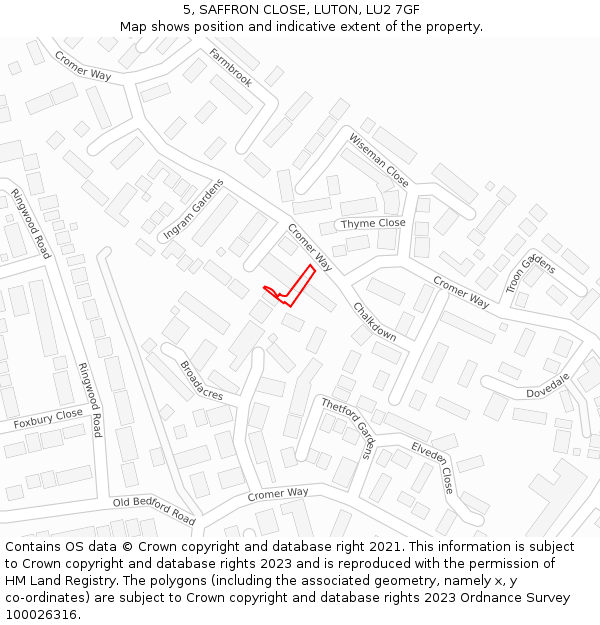 5, SAFFRON CLOSE, LUTON, LU2 7GF: Location map and indicative extent of plot
