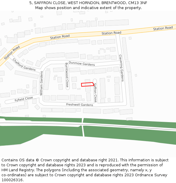 5, SAFFRON CLOSE, WEST HORNDON, BRENTWOOD, CM13 3NF: Location map and indicative extent of plot