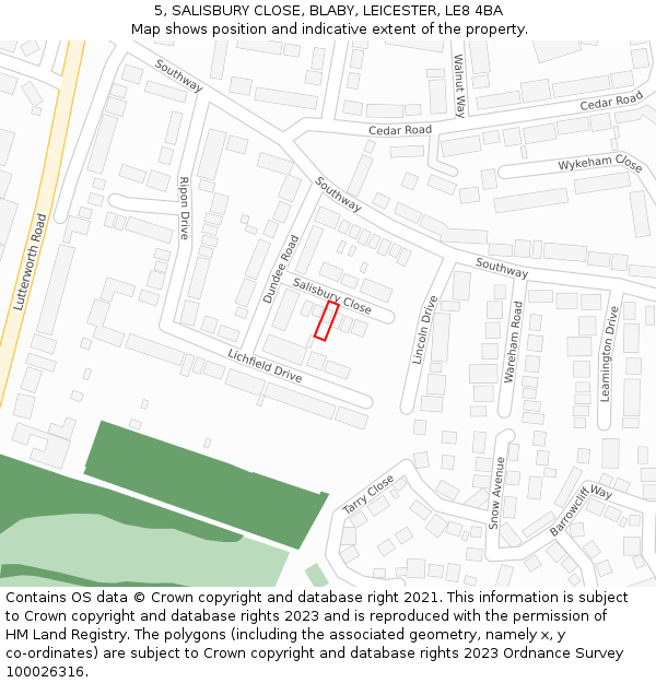 5, SALISBURY CLOSE, BLABY, LEICESTER, LE8 4BA: Location map and indicative extent of plot