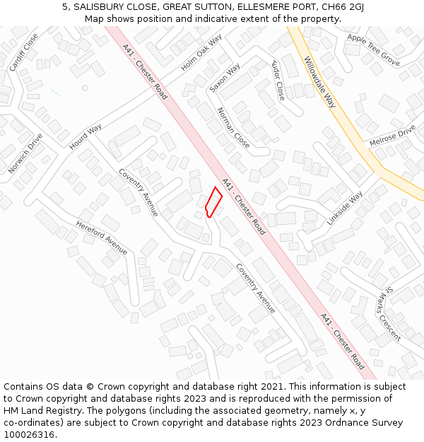 5, SALISBURY CLOSE, GREAT SUTTON, ELLESMERE PORT, CH66 2GJ: Location map and indicative extent of plot
