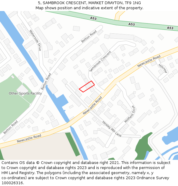 5, SAMBROOK CRESCENT, MARKET DRAYTON, TF9 1NG: Location map and indicative extent of plot