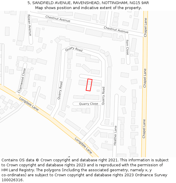 5, SANDFIELD AVENUE, RAVENSHEAD, NOTTINGHAM, NG15 9AR: Location map and indicative extent of plot