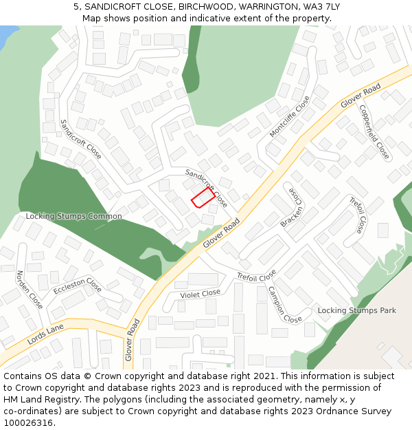 5, SANDICROFT CLOSE, BIRCHWOOD, WARRINGTON, WA3 7LY: Location map and indicative extent of plot