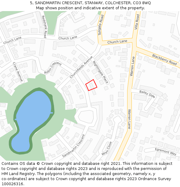 5, SANDMARTIN CRESCENT, STANWAY, COLCHESTER, CO3 8WQ: Location map and indicative extent of plot