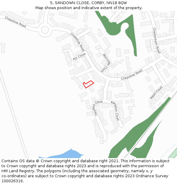 5, SANDOWN CLOSE, CORBY, NN18 8QW: Location map and indicative extent of plot