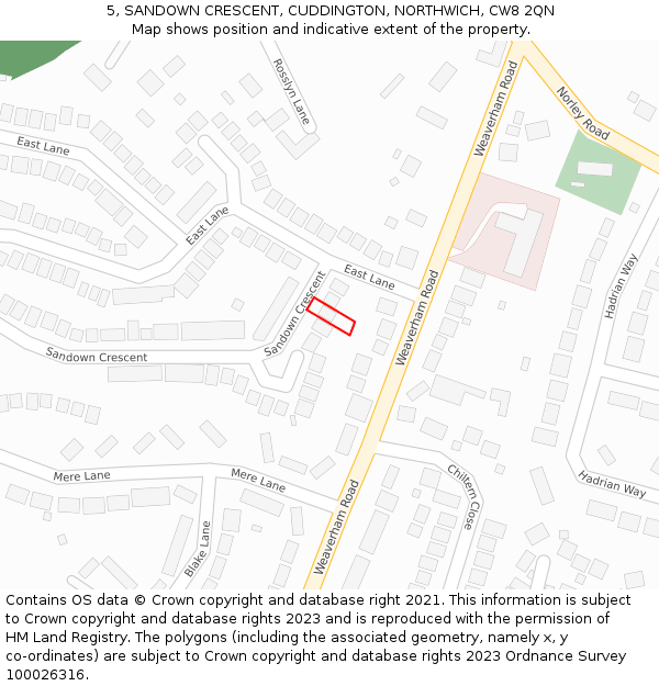 5, SANDOWN CRESCENT, CUDDINGTON, NORTHWICH, CW8 2QN: Location map and indicative extent of plot