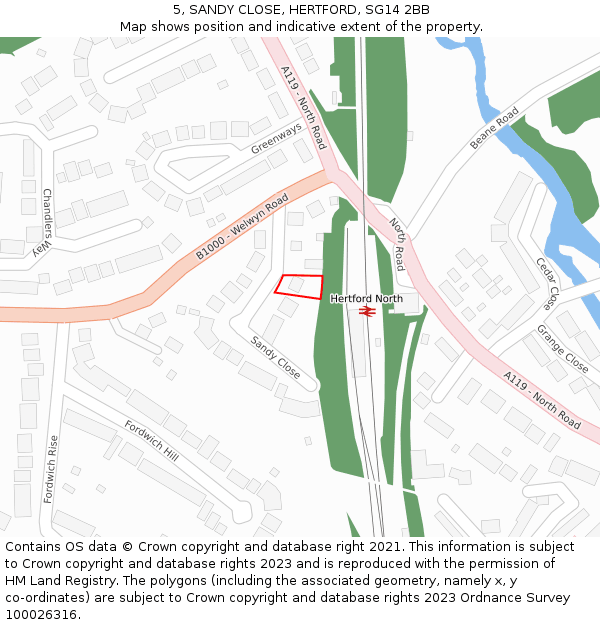 5, SANDY CLOSE, HERTFORD, SG14 2BB: Location map and indicative extent of plot