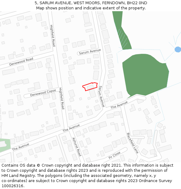 5, SARUM AVENUE, WEST MOORS, FERNDOWN, BH22 0ND: Location map and indicative extent of plot