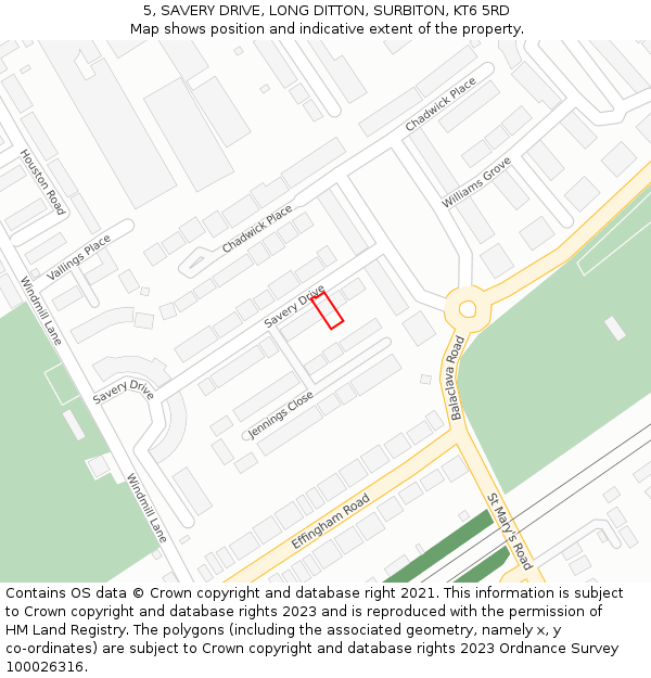 5, SAVERY DRIVE, LONG DITTON, SURBITON, KT6 5RD: Location map and indicative extent of plot