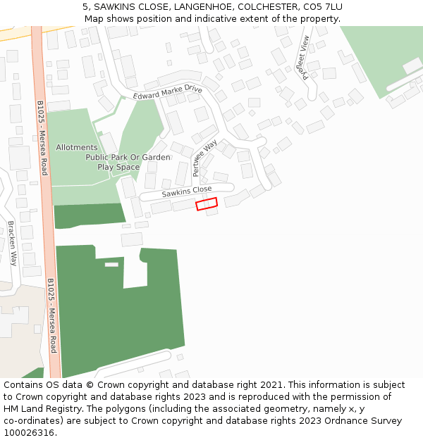 5, SAWKINS CLOSE, LANGENHOE, COLCHESTER, CO5 7LU: Location map and indicative extent of plot