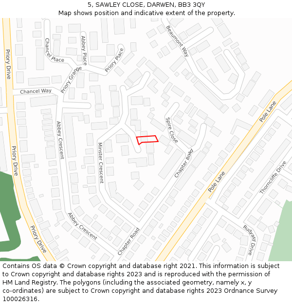 5, SAWLEY CLOSE, DARWEN, BB3 3QY: Location map and indicative extent of plot