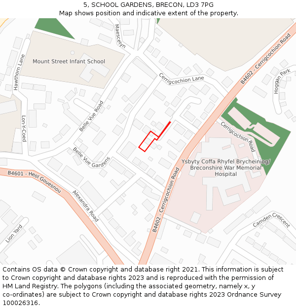 5, SCHOOL GARDENS, BRECON, LD3 7PG: Location map and indicative extent of plot