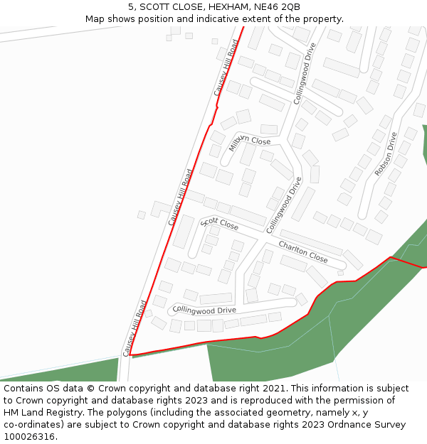 5, SCOTT CLOSE, HEXHAM, NE46 2QB: Location map and indicative extent of plot