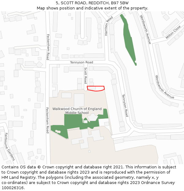 5, SCOTT ROAD, REDDITCH, B97 5BW: Location map and indicative extent of plot