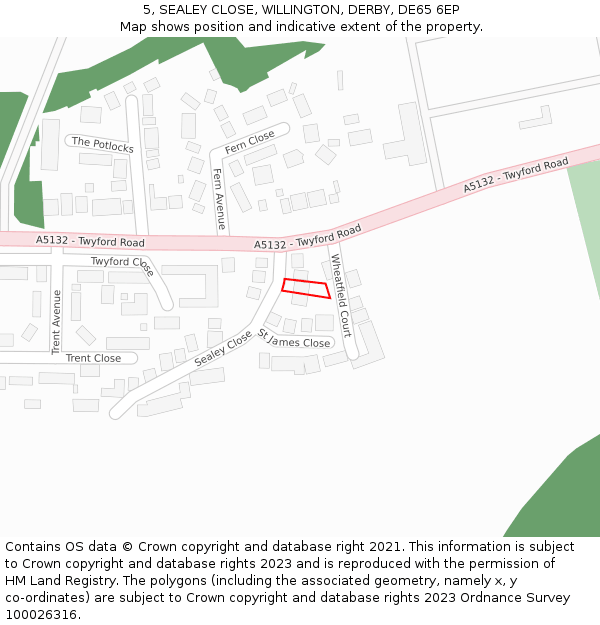 5, SEALEY CLOSE, WILLINGTON, DERBY, DE65 6EP: Location map and indicative extent of plot