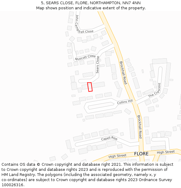 5, SEARS CLOSE, FLORE, NORTHAMPTON, NN7 4NN: Location map and indicative extent of plot