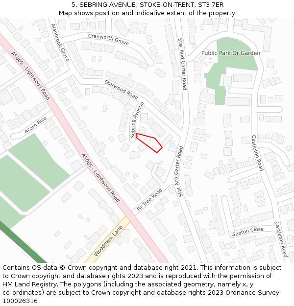 5, SEBRING AVENUE, STOKE-ON-TRENT, ST3 7ER: Location map and indicative extent of plot